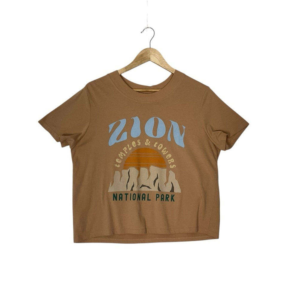 ZOE + LIV sz Large Zion National Park Casual Short Sleeve T Shirt Tan Blue